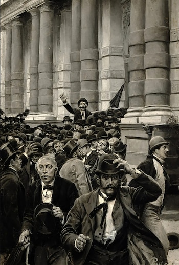 Ilustración de 1895 del pánico que se desató fuera de la Bolsa de Nueva York durante la crisis financiera de 1873. Crédito...