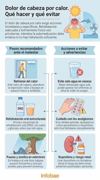 Infografía ilustrada con secciones sobre cómo actuar ante el dolor de cabeza por calor y acciones a evitar, mostrando personas, soluciones SRO, medicamentos y un riñón.