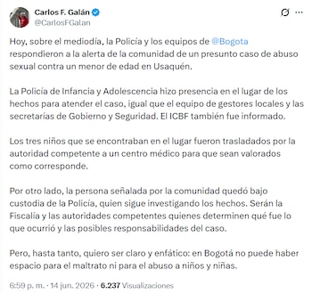 Mensaje de Carlos Fernando Galán sobre el caso de abuso en Usaquén - crédito Carlos Fernando Galán X