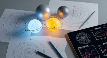 Maqueta con esferas luminosas y grises. Hojas con diagramas de órbitas, lápices y una tablet con gráficos de paralaje y movimiento propio.