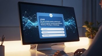 Pessoas que usam um computador com um chatbot de IA na tela mostrando opções de carreira. Há duas luminárias e uma planta sobre uma mesa escura.