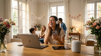 Madre sonríe con audífonos y smartphone en mano, junto a laptop, tablet y parlante en mesa de madera. Familia en el fondo. Sala decorada para el Día de la Madre.