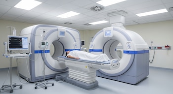 Paciente recostada en camilla, dos máquinas PET-TC, monitores, soportes de suero y teclado en una sala de hospital.