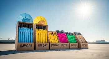 Cajas de cartón marcadas "IMPORT" con paraguas y sombrillas de colores azul, amarillo, fucsia, verde y beige. Dos sombrillas abiertas sobre las cajas, en un puerto.