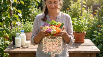 Mujer sosteniendo un bol de ensalada variada. Sobre su abdomen, ilustración digital de intestinos luminosos con microorganismos. Mesa de madera con lácteos.