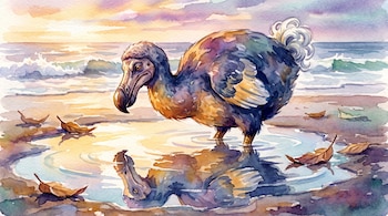 Pintura en acuarela de un ave dodo sobre la arena observando su reflejo en un charco, con hojas secas y el mar al atardecer.