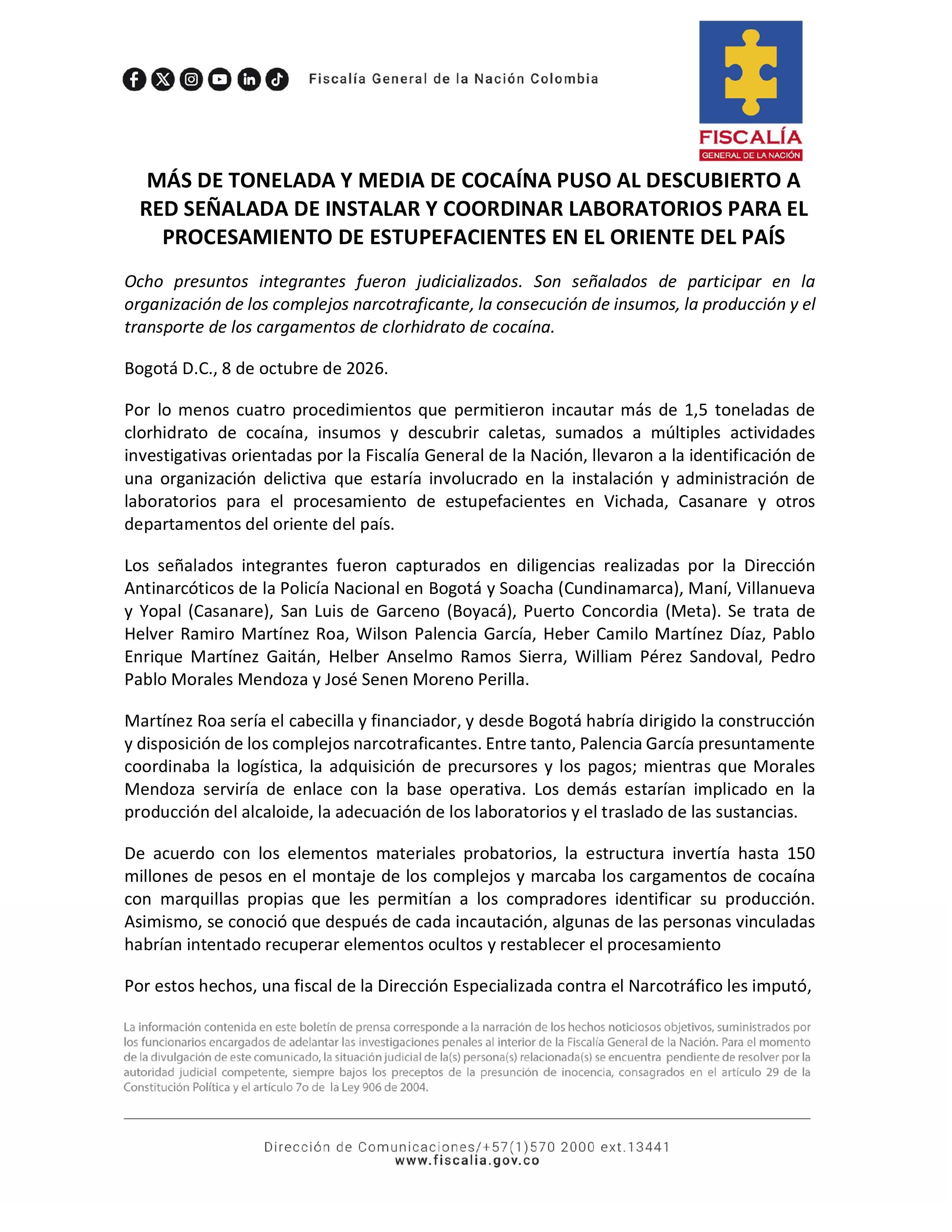 Fiscalía desarticuló red señalada de financiar laboratorios de cocaína en el oriente colombiano - crédito Fiscalía General de la Nación