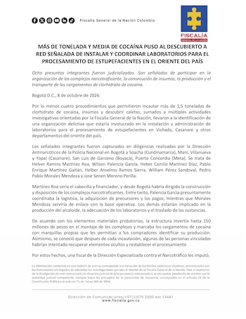 Fiscalía desarticuló red señalada de financiar laboratorios de cocaína en el oriente colombiano - crédito Fiscalía General de la Nación