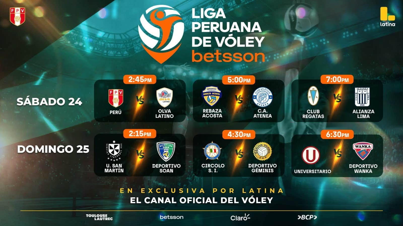 Programación oficial de la fecha 2 de la Fase 1 de la Liga Peruana de Vóley 2026/27. Crédito: Latina