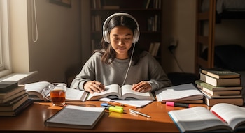 Joven estudiante con auriculares blancos sentada en un escritorio de madera, leyendo un libro. Rodeada de textos y cuadernos, la escena recibe luz natural de una ventana.