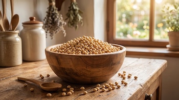 Un cuenco de madera lleno de granos de soja sobre una mesa de madera rústica, con una cuchara de madera y granos dispersos. Una ventana iluminada y objetos de cocina al fondo.