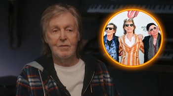 Paul McCartney con barba y chaqueta a cuadros. A la derecha, un círculo con Mick Jagger, Ronnie Wood y Keith Richards de The Rolling Stones.