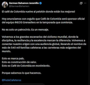 La alianza entre Café de Colombia y la escuadra INEOS Grenadiers destaca la presencia del ciclista colombiano Egan Bernal en el equipo británico - crédito @GermanBahamon/X