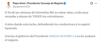 Este fue el mensaje de Papo Amín sobre la transformación del sistema de fotodetección vial en Colombia - crédito @papoaminCD/X