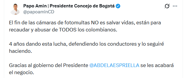 Este fue el mensaje de Papo Amín sobre la transformación del sistema de fotodetección vial en Colombia - crédito @papoaminCD/X