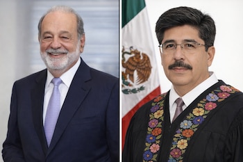 Imagen dividida con Carlos Slim sonriendo y vistiendo traje a la izquierda, y el presidente de la SCJN con toga ceremonial y bandera de México detrás a la derecha.