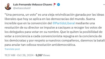 El excongresista dijo que la resolución emitida por César Gaviria tiene varios artículos que podría favorecer al exmandatario nacional - crédito @velascoluisf/X