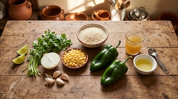 Arroz crudo, dos chiles poblanos, maíz, media cebolla, dientes de ajo, cilantro, caldo, aceite y gajos de lima sobre una mesa de madera.