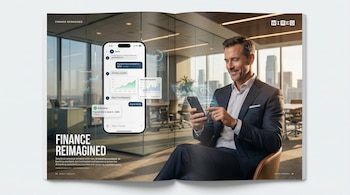 Un hombre sonriente en traje revisa una aplicación de banca con IA en su smartphone, mostrando gráficos de datos y notificaciones en una oficina moderna.