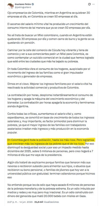 Gustavo Petro lanzó advertencias sobre el rumbo económico de Colombia antes de la segunda vuelta de elecciones presidenciales - crédito @petrogustavo/X