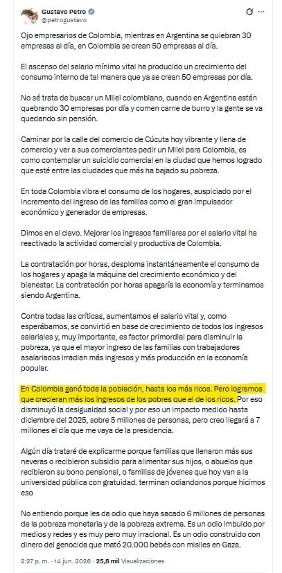 Gustavo Petro lanzó advertencias sobre el rumbo económico de Colombia antes de la segunda vuelta de elecciones presidenciales - crédito @petrogustavo/X