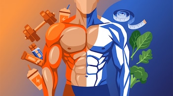 Ilustración de torso masculino con músculos voluminosos a la izquierda y definidos a la derecha, rodeado de pesa, bebidas, barras, cinta métrica, brócoli y espinaca.