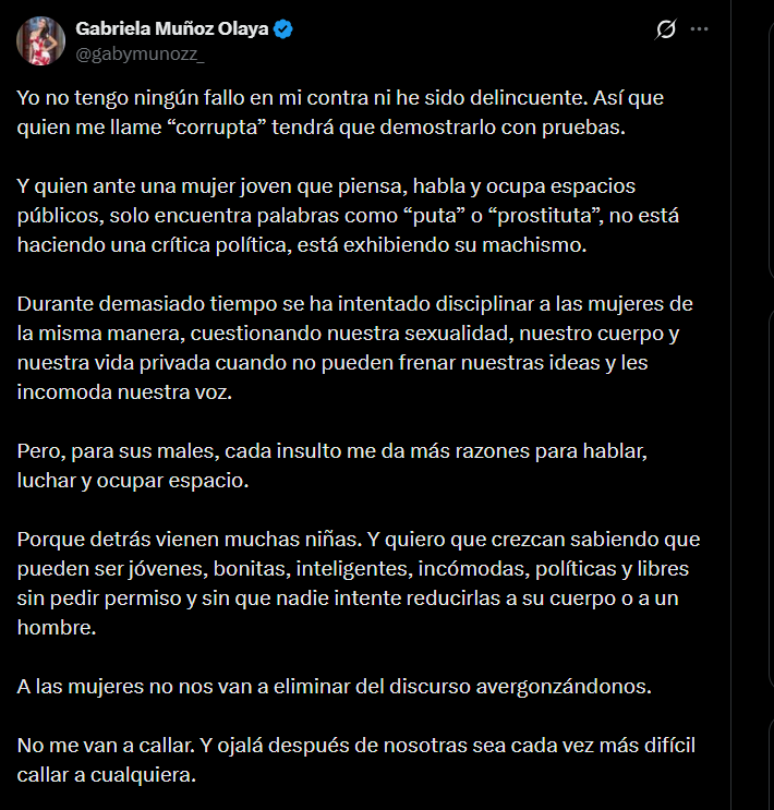 Gabriela Muñoz afirmó que expresiones como “puta” o “prostituta” no representan una crítica política y las vinculó con actitudes machistas - crédito @gabymunozz_/X