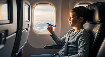Un niño sentado en un asiento de avión junto a la ventanilla sostiene un avión de juguete y mira las nubes sobre el horizonte.