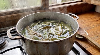 Una olla de aluminio con hojas y agua hirviendo está sobre una estufa. Se ve vapor y una ventana. Hay una mesa de madera y una cuchara a la derecha.