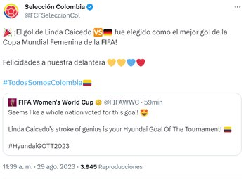 La Federación Colombiana de Fútbol felicitó a Linda Caicedo por el premio a mejor gol de la Copa Mundial Femenina de la FIFA 2023 - crédito @fcfseleccioncol / Twitter