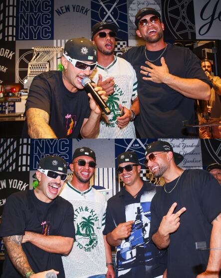 Feid presentó la gorra que diseñó en colaboración con los Yankees de Nueva York, acompañado por tres besbolistas - crédito @mlbespanol/X