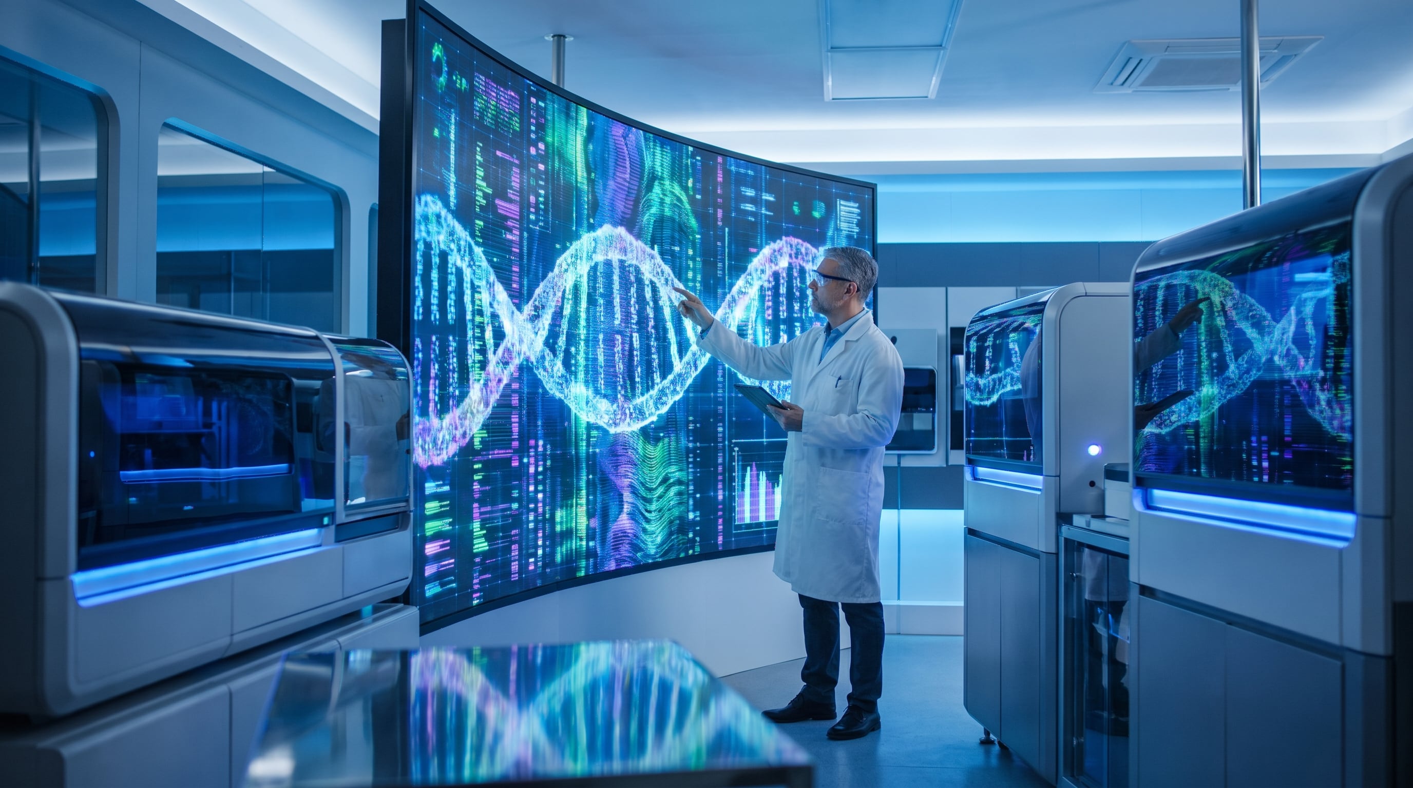 Un genetista examina una visualización de secuencia de ADN en una gran pantalla curva dentro de un laboratorio moderno con equipamiento de secuenciación. (Imagen Ilustrativa Infobae)