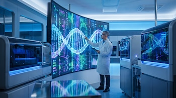 Hombre con bata de laboratorio observa gran pantalla curva con hélice de ADN y datos. Ambiente de laboratorio moderno con equipos y luces azules y blancas.