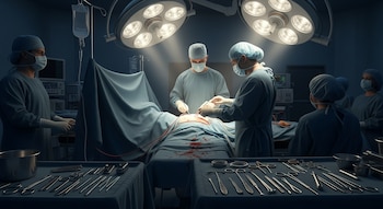 Un equipo de cuatro cirujanos en batas, gorros y mascarillas opera a un paciente en una sala quirúrgica moderna. Luces brillantes, instrumental en mesas y monitores son visibles.