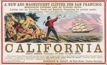 Tarjeta de navegación del clipper California, destacando su velocidad y lujo, promovida durante la fiebre del oro en California. El barco, construido por Samuel Hall, zarpaba de East River ofreciendo viajes rápidos y confiables a San Francisco. (G.F. Nesbitt & Co., printer/Wikimedia).