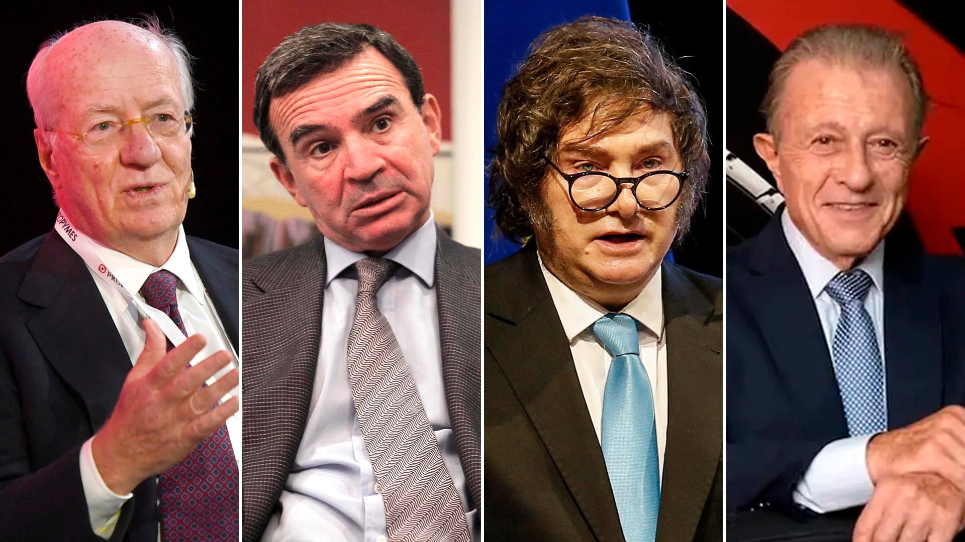 Paolo Rocca, Javier Madanes Quintanilla, Javier Milei y Roberto Méndez, cuatro figuras prominentes que marcan el rumbo económico y político de Argentina, reunidos en un collage visual. (.)
