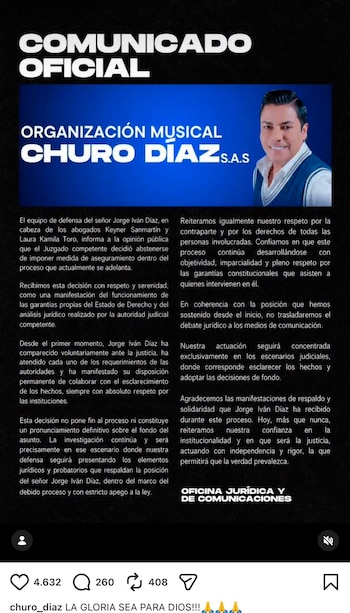 El equipo jurídico de Churo Díaz recalcó en su comunicado que la decisión judicial refleja el respeto por las garantías procesales y reiteró que el debate legal continuará exclusivamente en los escenarios judiciales - crédito @churo_diaz/ Instagram