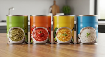 Cuatro latas de sopa de lentejas, tomate, verduras y arroz, con etiquetas verdes, naranjas, amarillas y azules, sobre una mesa de madera en una cocina.