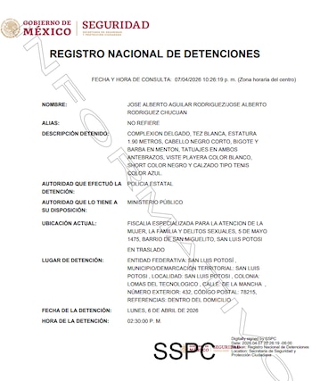 Ficha de detención de Alberto del Río. (Registro Nacional de Detenciones)