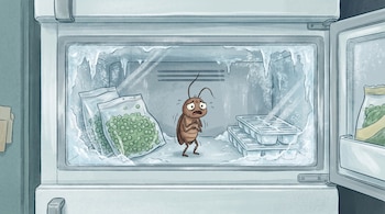 Un congelador con su puerta abierta muestra una cucaracha de pie entre gruesas capas de hielo, bolsas con guisantes congelados y bandejas de cubitos de hielo.