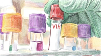 Ilustración de una mano con guante verde sujetando un tubo de ensayo con la inscripción VIH y tapa roja, junto a otros tubos de laboratorio con tapas de colores.