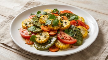 Primer plano de una ensalada fresca con rodajas de nopal, maíz en mazorca, tomate y zanahoria sobre un plato blanco, aderezada y con cilantro en una mesa de madera clara.