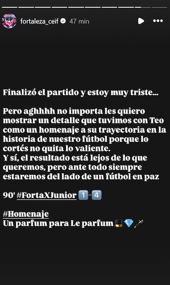 La historia en redes sociales de Fortaleza, después de la derrota 4-1 ante junior de Barranquilla - crédito @fortaleza_CEIF/Instagram