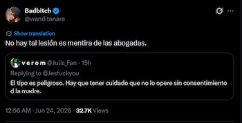 Captura de pantalla de un tuit de Wanda Nara en fondo oscuro. El mensaje principal niega una lesión. Incluye un tuit de un usuario que habla de operación