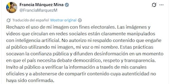 La vicepresidenta Francia Márquez denunció el 9 de junio de 2026 que su imagen fue usada sin autorización para impulsar contenidos electorales vinculados al candidato presidencial Abelardo de la Espriella y aseguró que se trata de material manipulado - crédito @FranciaMarquezM/X