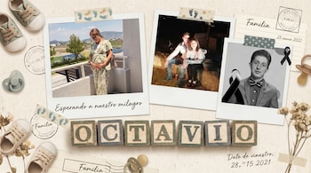 Montaje tipo scrapbook con fotos polaroid: mujer embarazada en balcón, pareja en heno, retrato en B&N de Octavio Ocaña con moño de luto. Incluye zapatos y cubos de bebé.