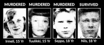Cuatro retratos en blanco y negro de jóvenes. Tres están etiquetados como "MURDERED" y uno como "SURVIVED", con sus nombres y edades debajo