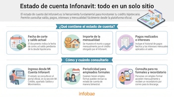 Infografía sobre el estado de cuenta Infonavit, con título, descripciones y seis recuadros explicativos de su contenido y consulta. Incluye logo Infobae.