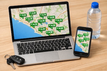 Una laptop, un teléfono inteligente, un mapa digital de Lima con precios de combustibles en S/ y un llavero de auto sobre una mesa de madera.
