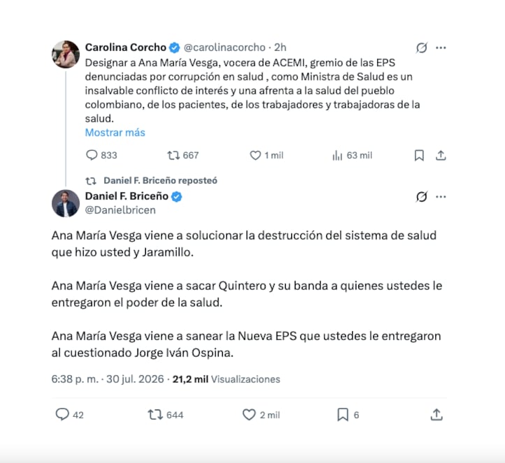 Con este mensaje en X, el representante Daniel Briceño le respondió a la exministra Carolina Corcho, por sus críticas frente a la designación de Ana María Vesga como la designada ministra de Salud - crédito @danielbricen/X